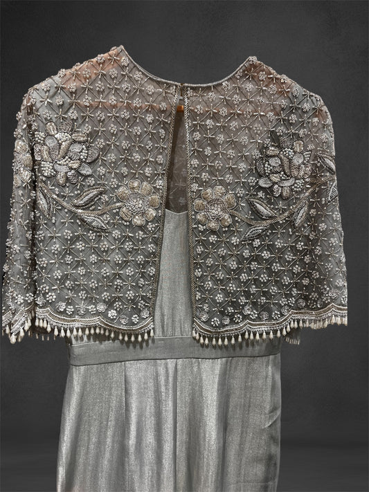 Grey Shimmer Brocade Cape & Jumpsuit Set – A Striking Indo-Western Ensemble